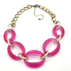 Necklace Pink Plastic Textured Links Gold Tone Chunky Statement Retro Fashion